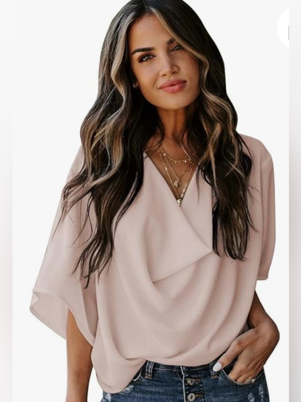 Women's Med Pale Pink Loose Draped Cowl Neck Blouse Top. 3/4 sleeve. Like New